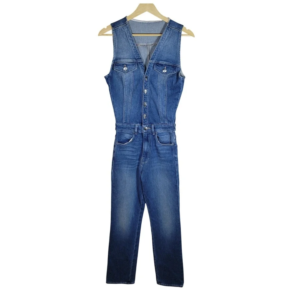 Frame Denim Sleeveless Button Front Jumpsuit XS Blue Jean Straight Leg